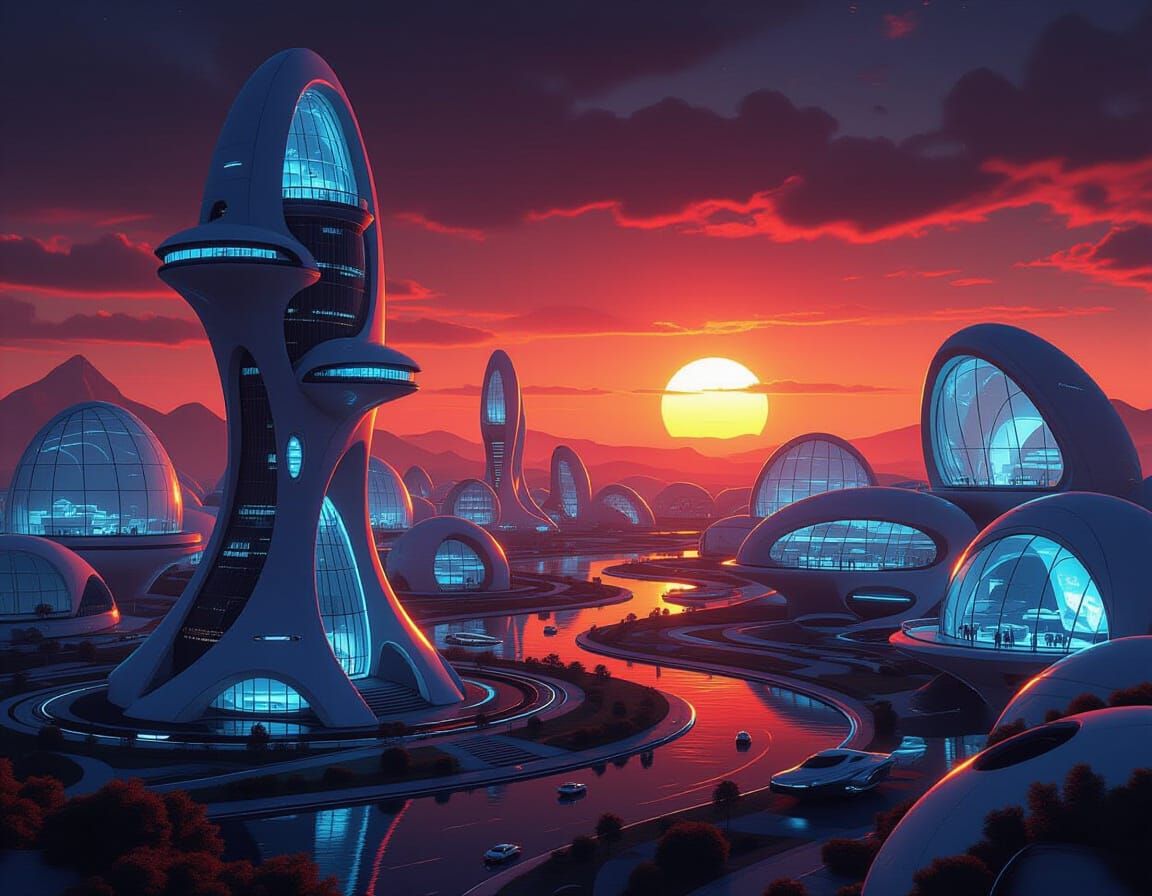 Alien Planet: Bioluminescent City in Synthwave Style