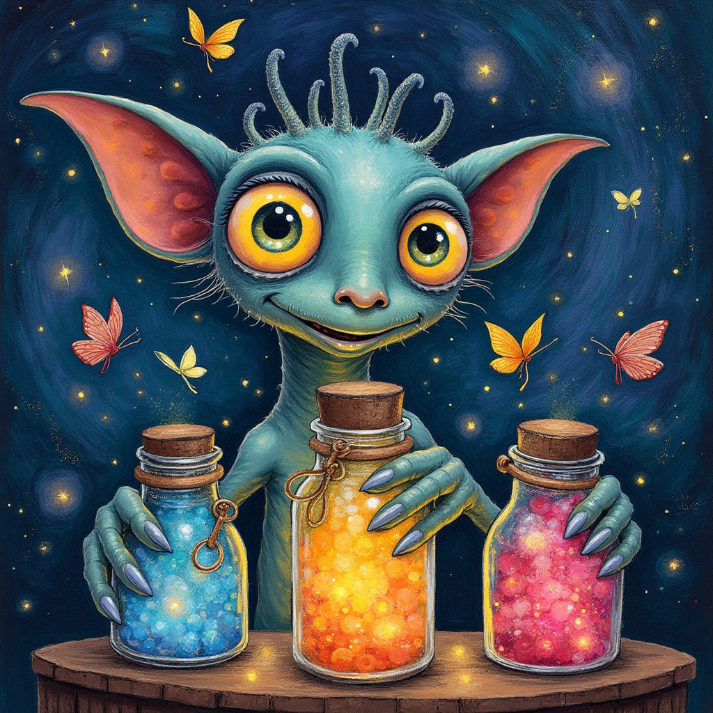 Gothic Creature with Rainbow Jars, Van Gogh-Inspired