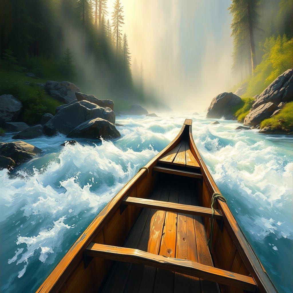 Vibrant Wooden Canoe Battles Rapids in Lush Wilderness in Ro...