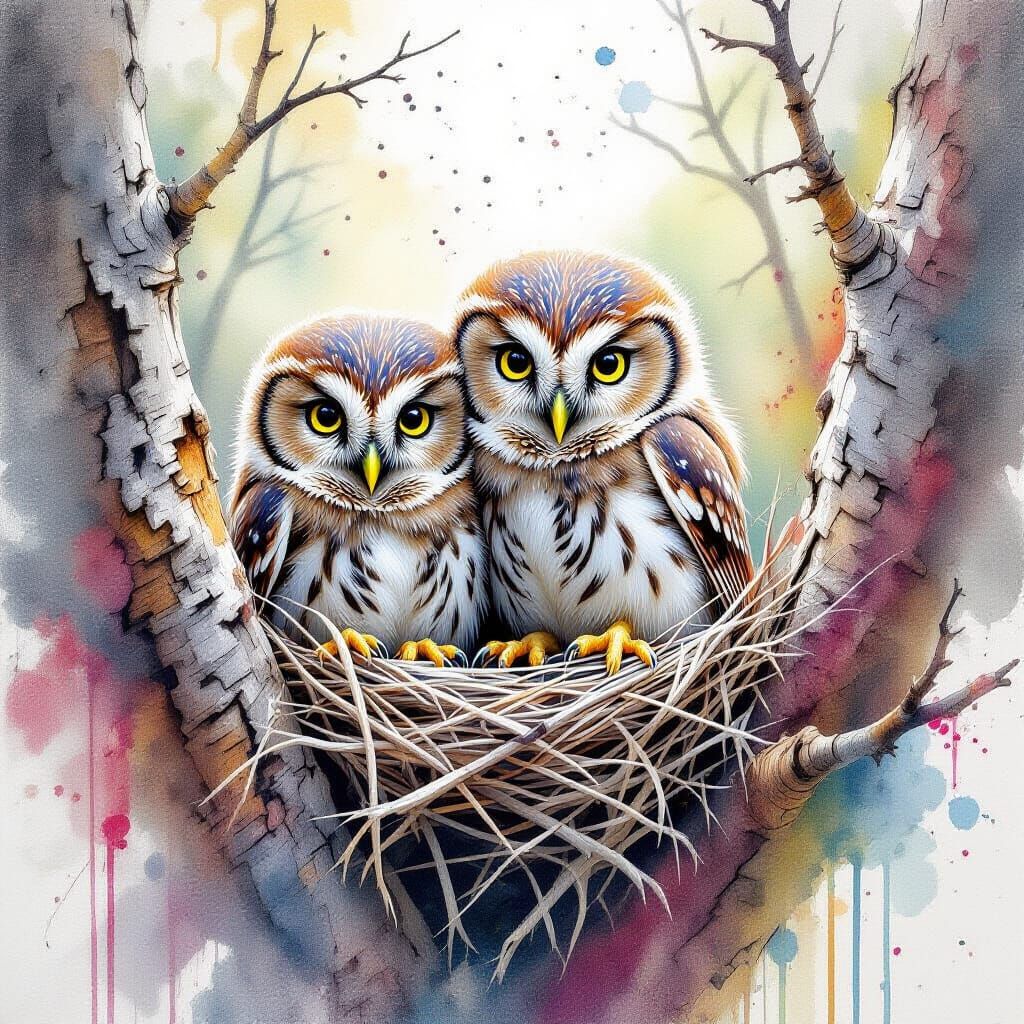 Tiny Owlets Nesting on Tree Bark