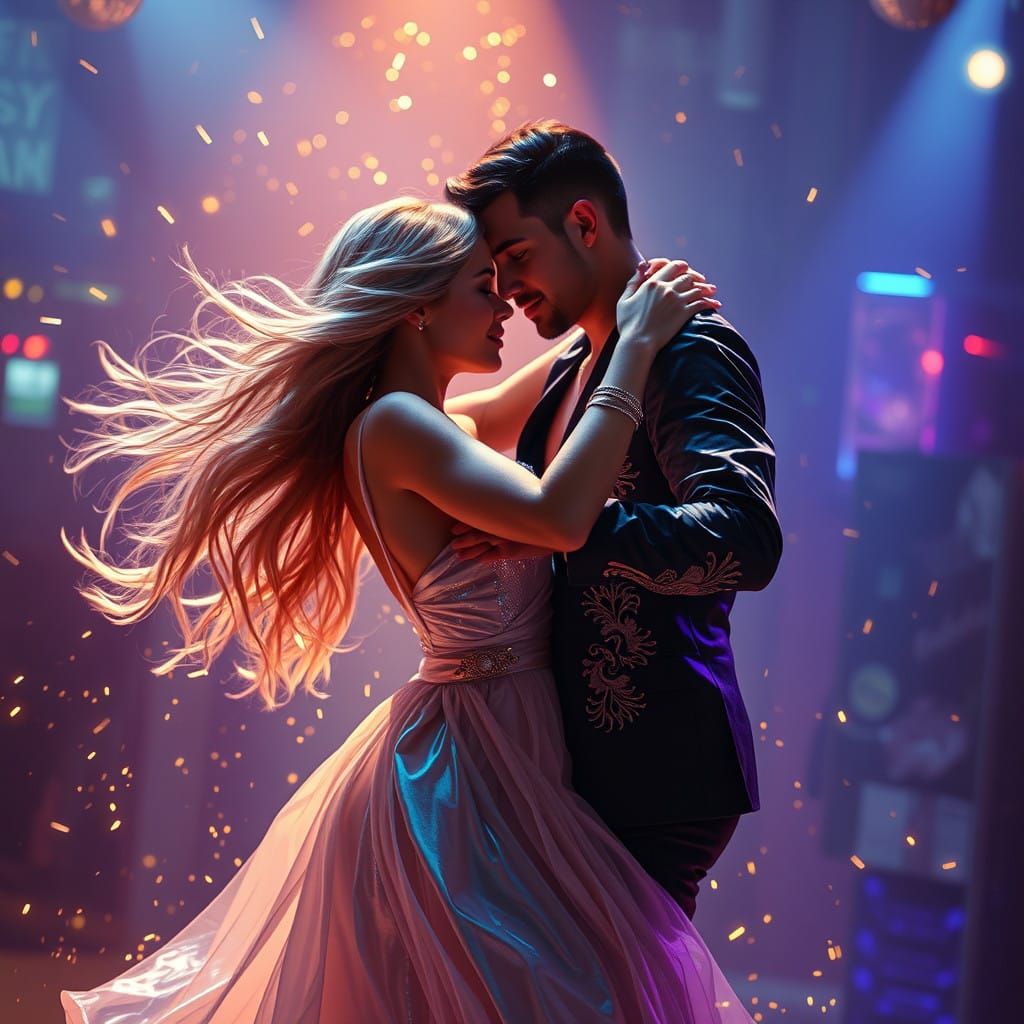 Couple Dancing in Disco Ballroom with Electric Energy