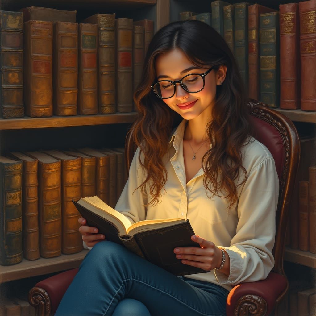 Cozy Library Scene in Whimsical Watercolor Style