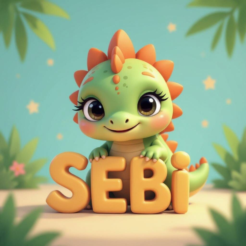 Cute Baby Dinosaur With "SEBI" Text In 3D Cartoon Style