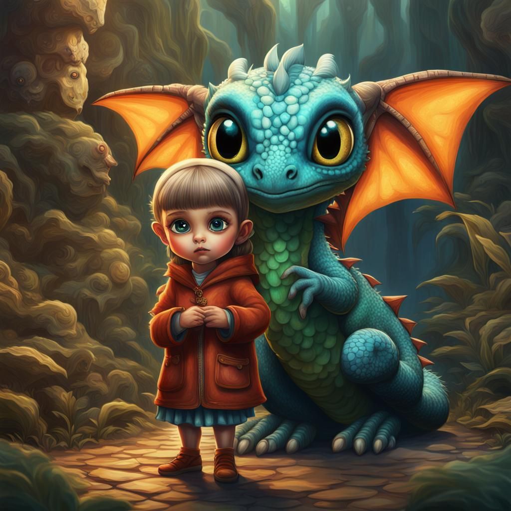 Girl and Dragon in a Mid-Century Style