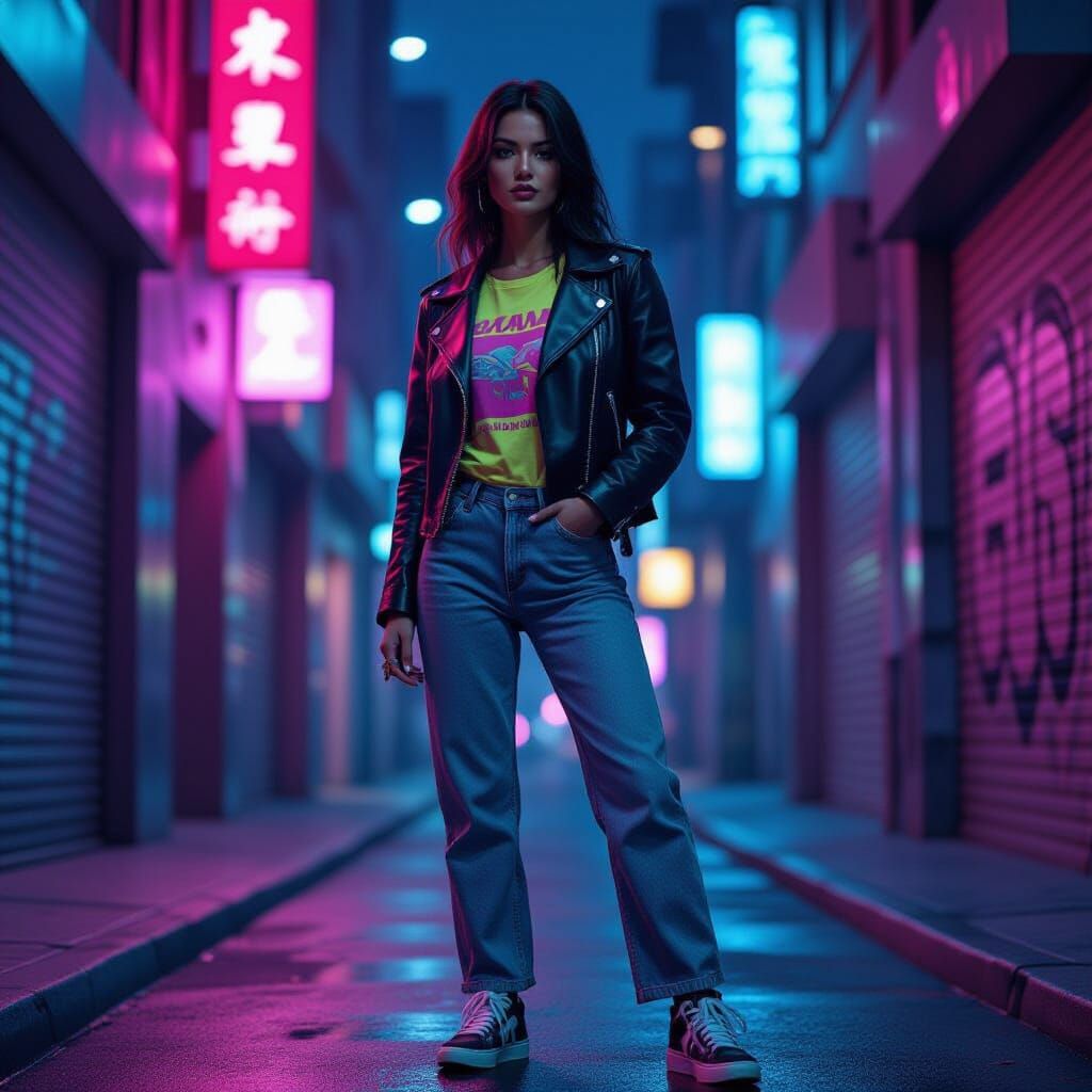 Urban Alley: Woman in Neon Lights, Cyberpunk Style