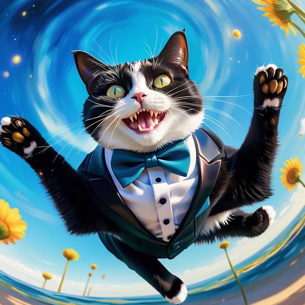 Tuxedo Cat Happily Defying Gravity