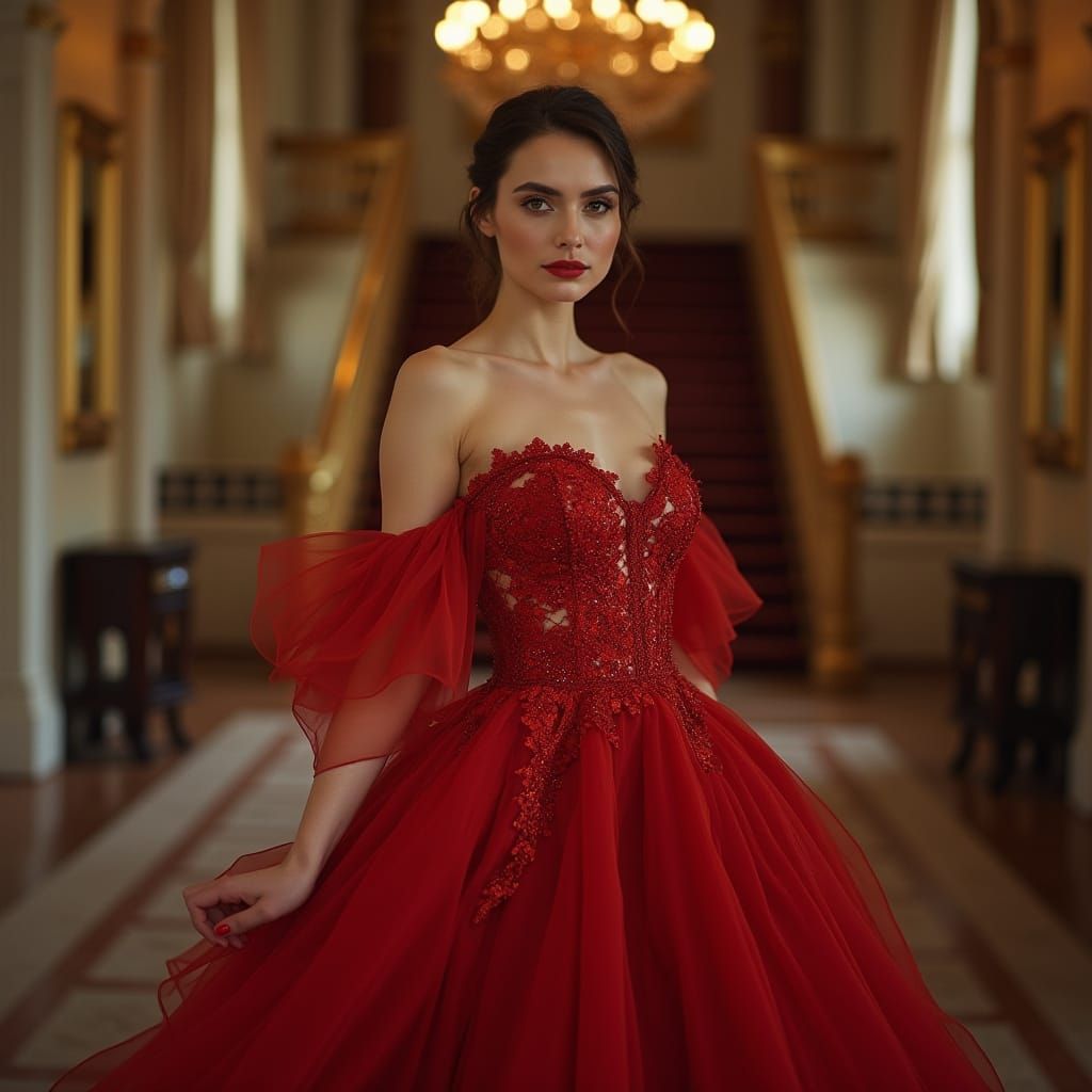 Elegant Woman in Red Evening Gown in Palace Setting