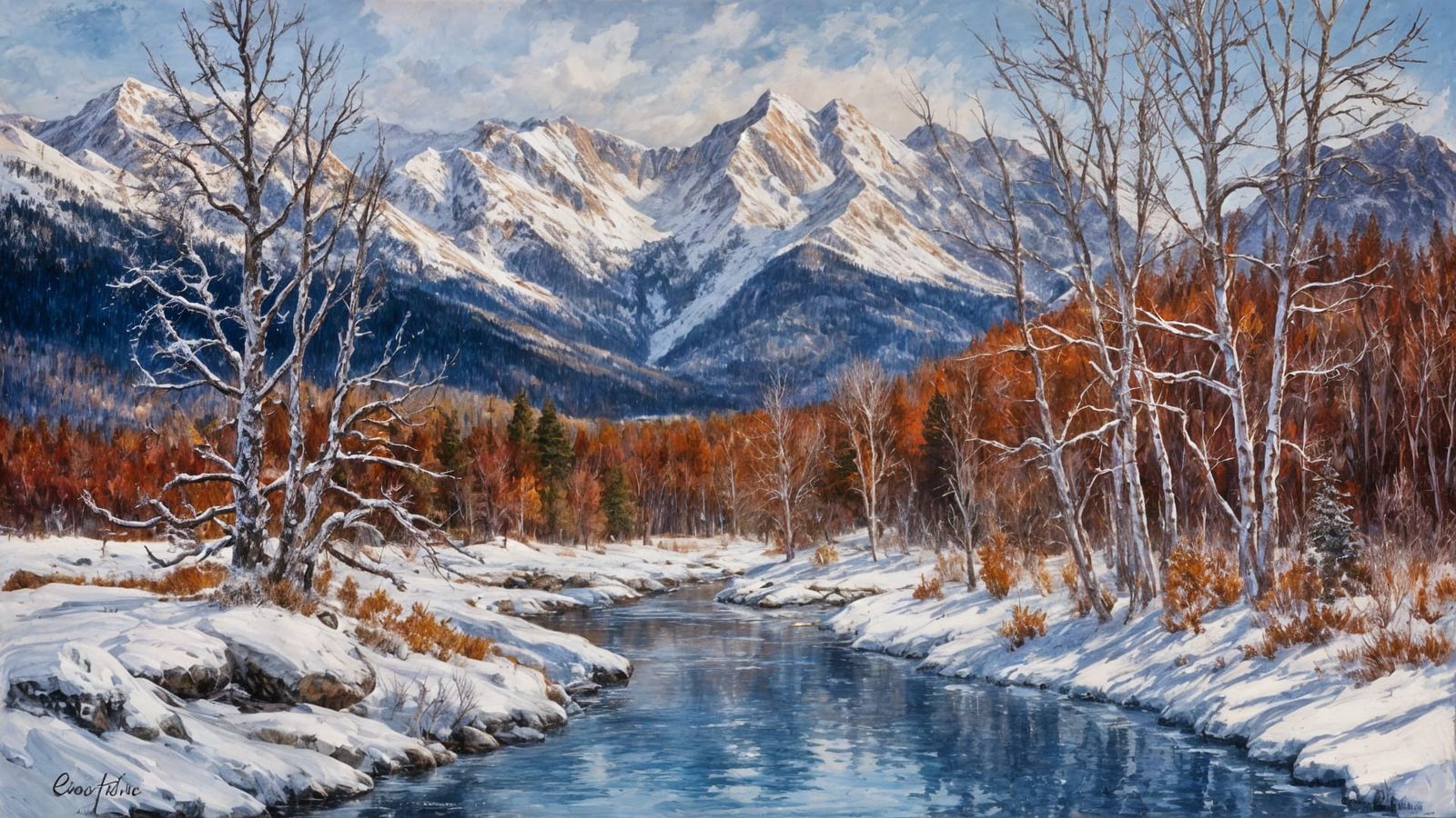 Winter Landscape in the Rockies, Filigree-Inspired Cubist Po...