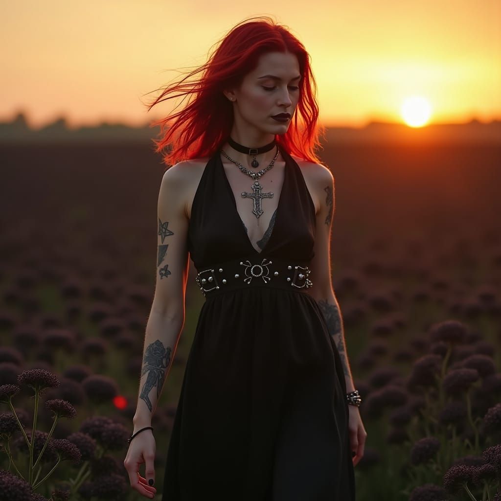 Woman in Black Flower Field, Sinister Digital Art