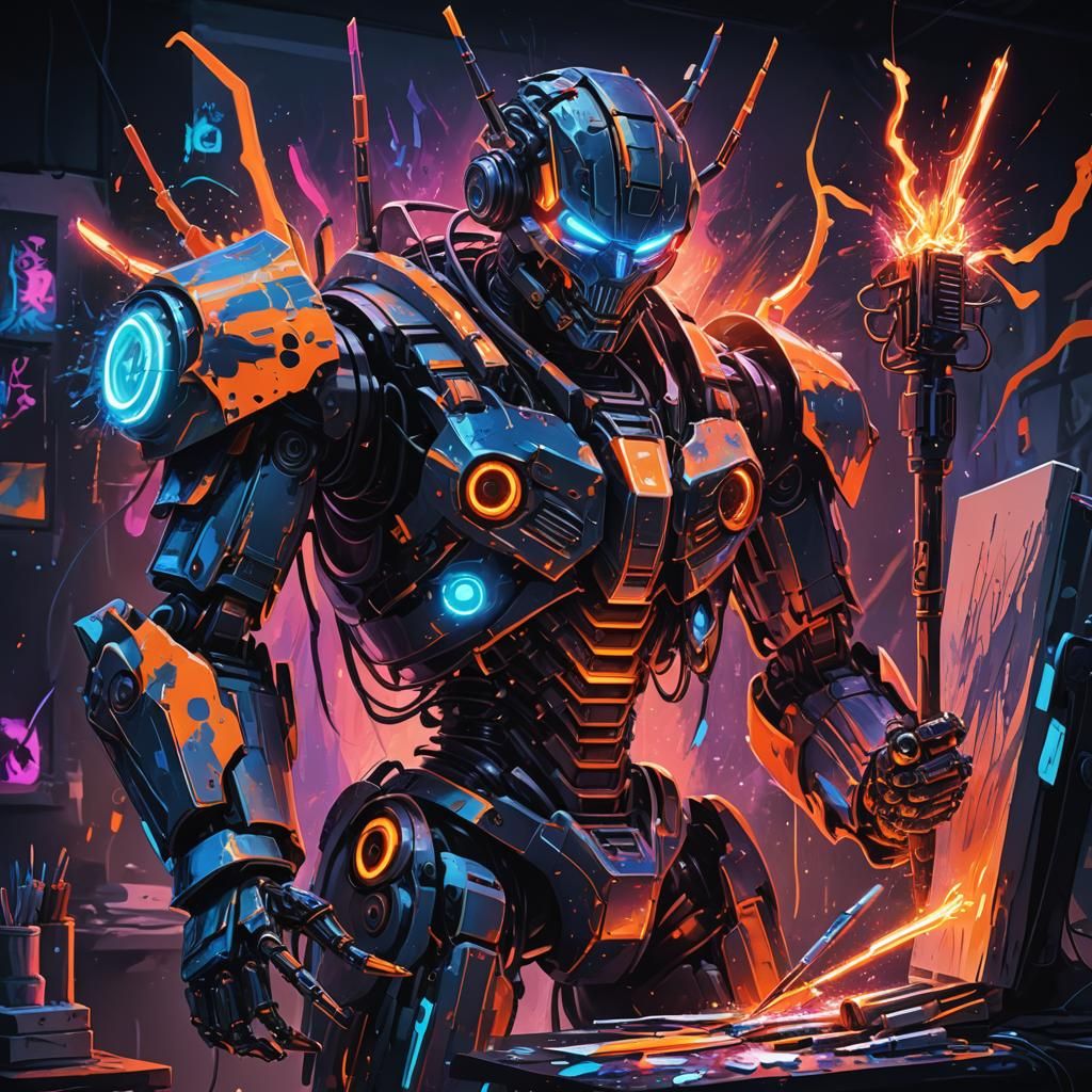 Demonic AI Robot Painting in Neon-Lit Studio