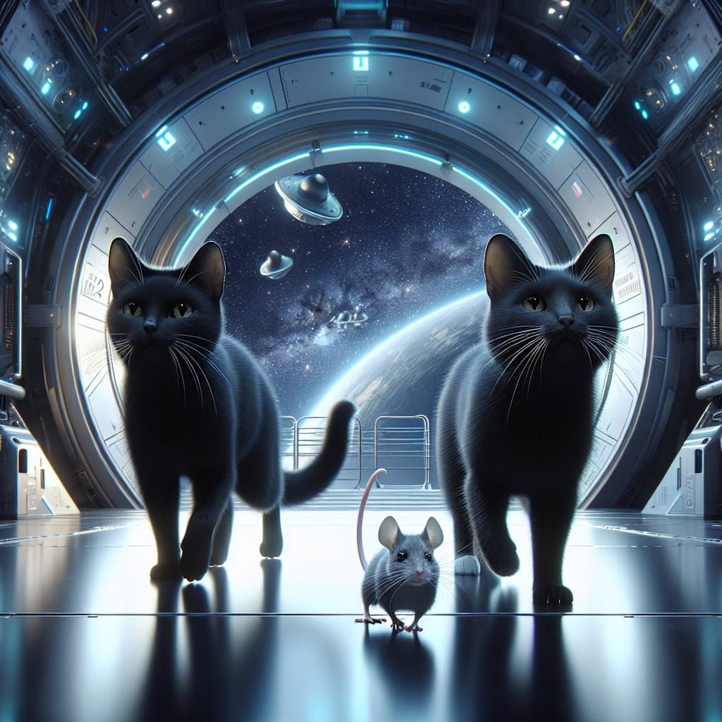 Cats and Mouse Head to Airlock in Space Station
