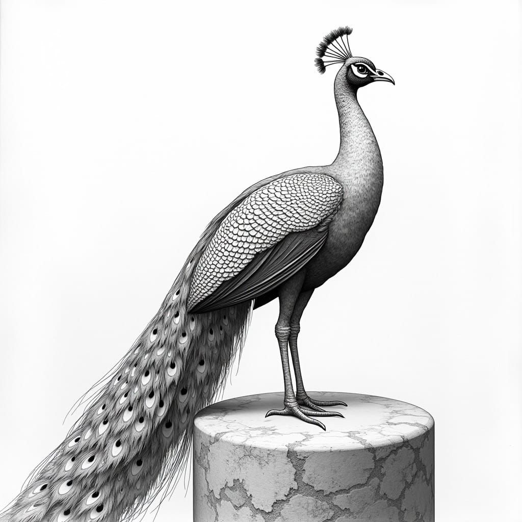 Realistic Black and White Peacock Portrait with Intricate Fe...