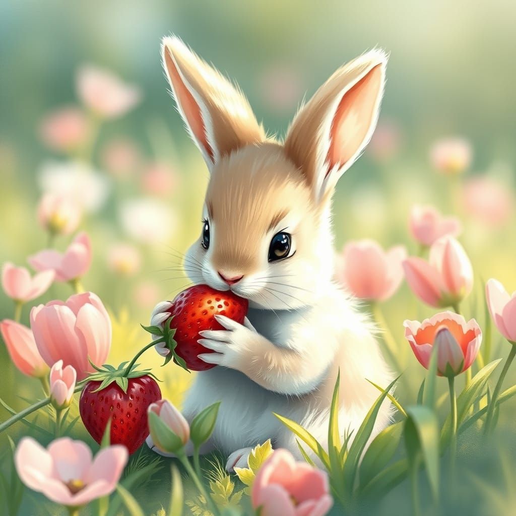 Whimsical Bunny Savoring a Plump Strawberry in a Lush Green ...