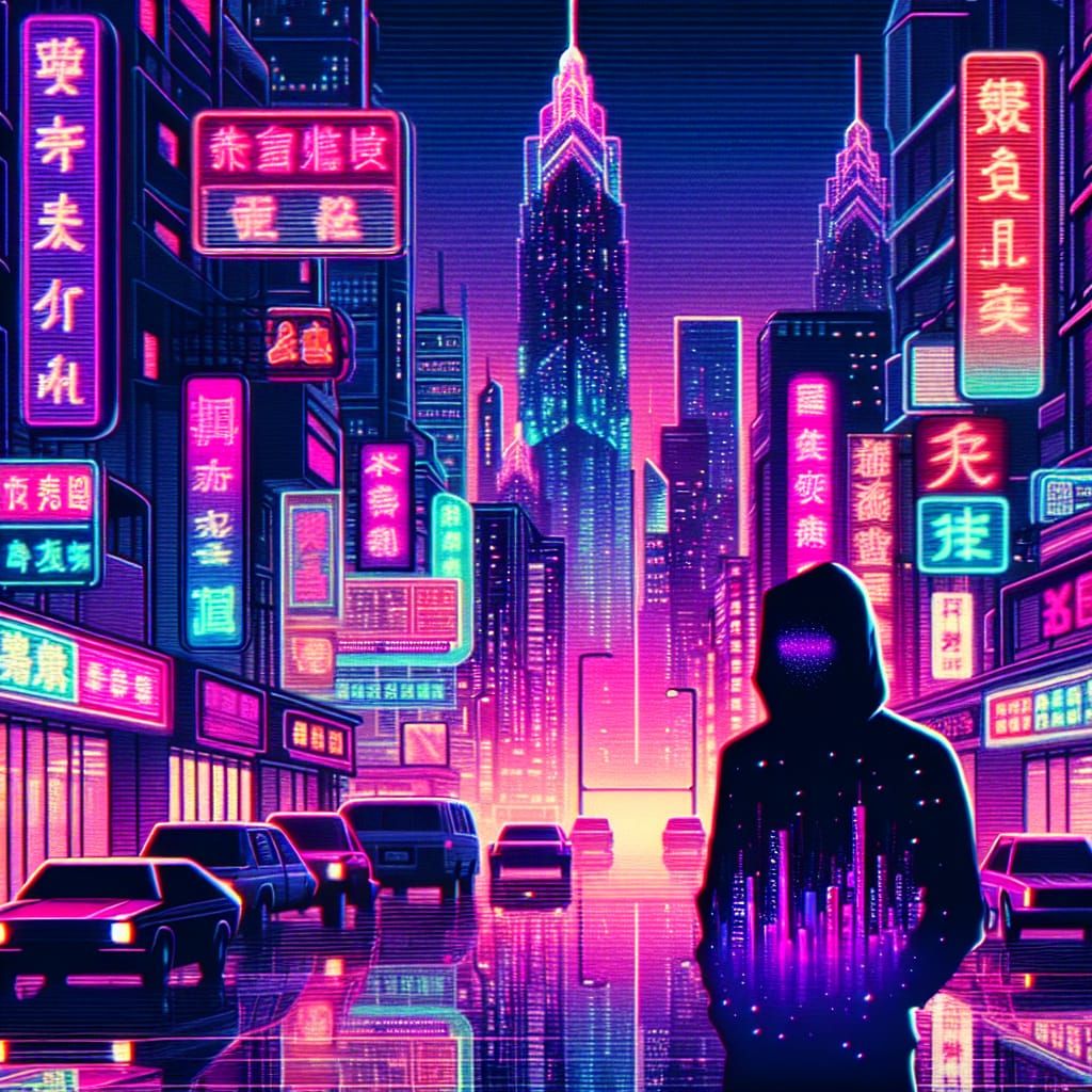 Synthwave Cityscape with Neon Silhouette