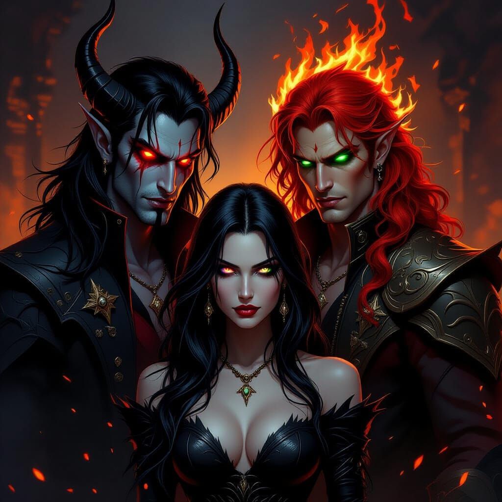 Dark Fantasy Demons and Sorceress with Fiery Accents