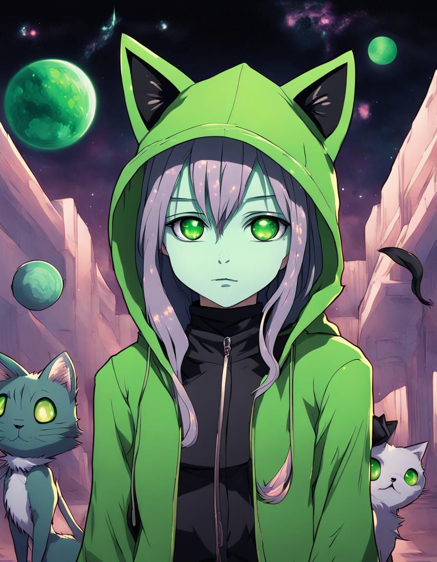 Anime Alien Creature Holding Cat Girl in Space