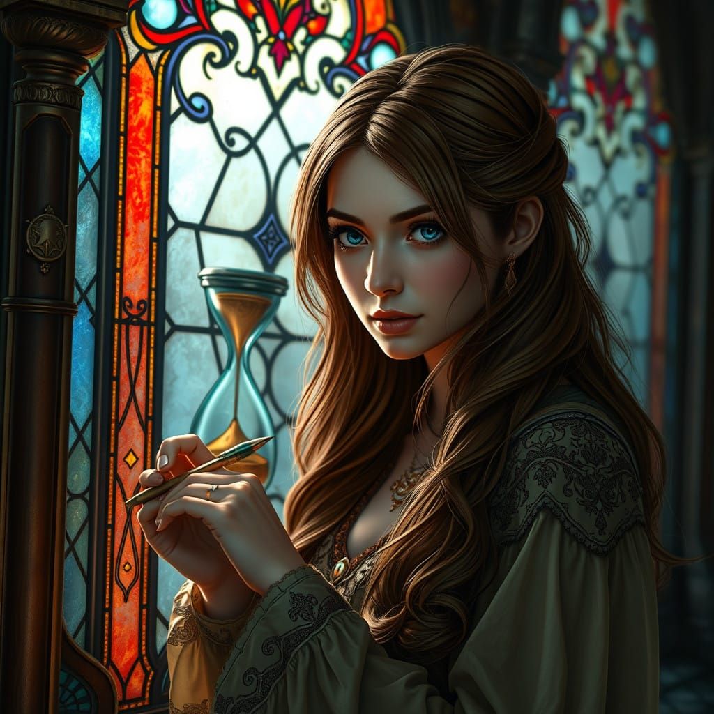 Elegant Fantasy Woman Writing by Stained Glass