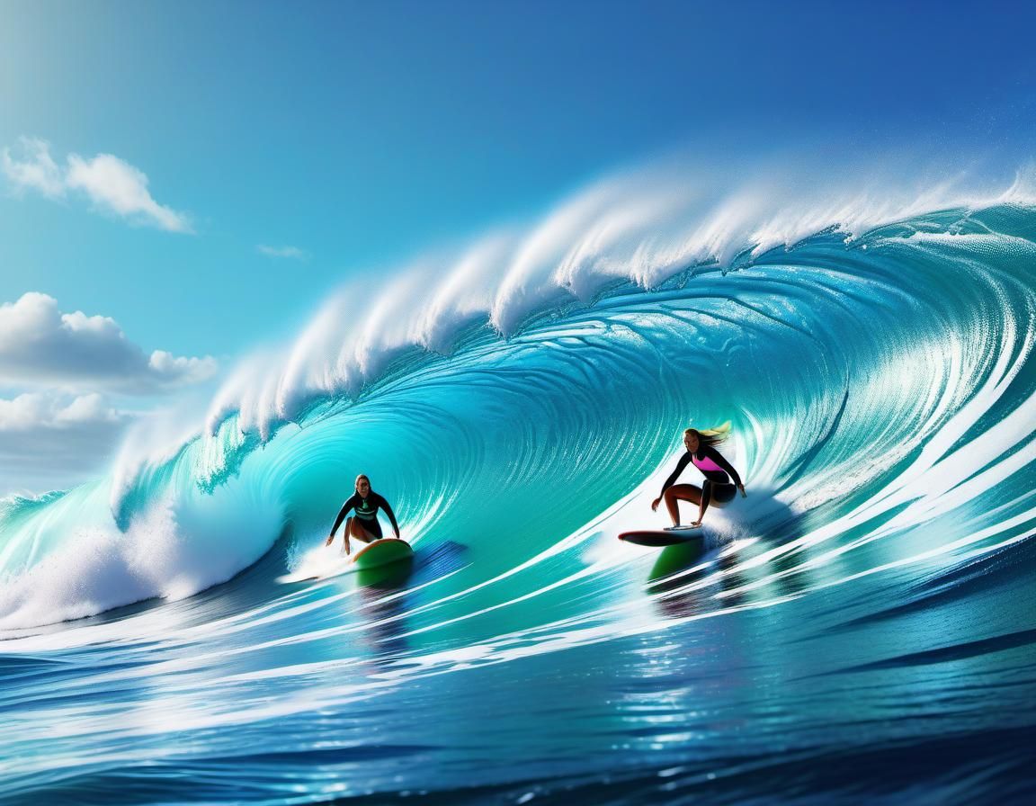 Surfer Girls Ride a Wave Tunnel in Fantasy Art