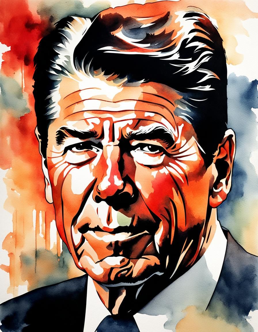 Ronald Reagan Portrait in Watercolor and Ink