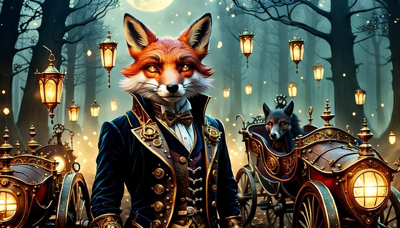 Steampunk Fox in Whimsical Victorian Forest