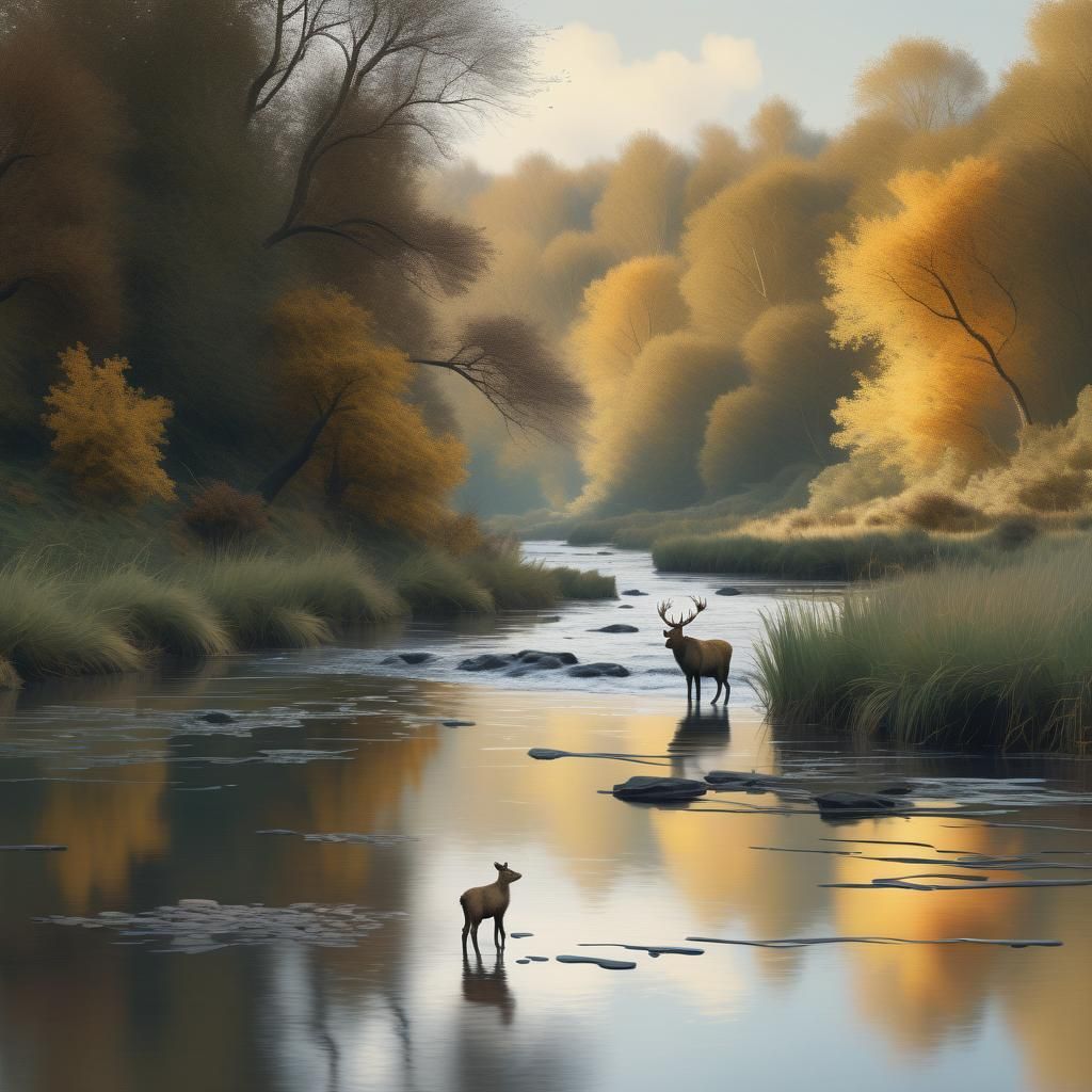 Wild Animals Crossing River in Impressionist Landscape