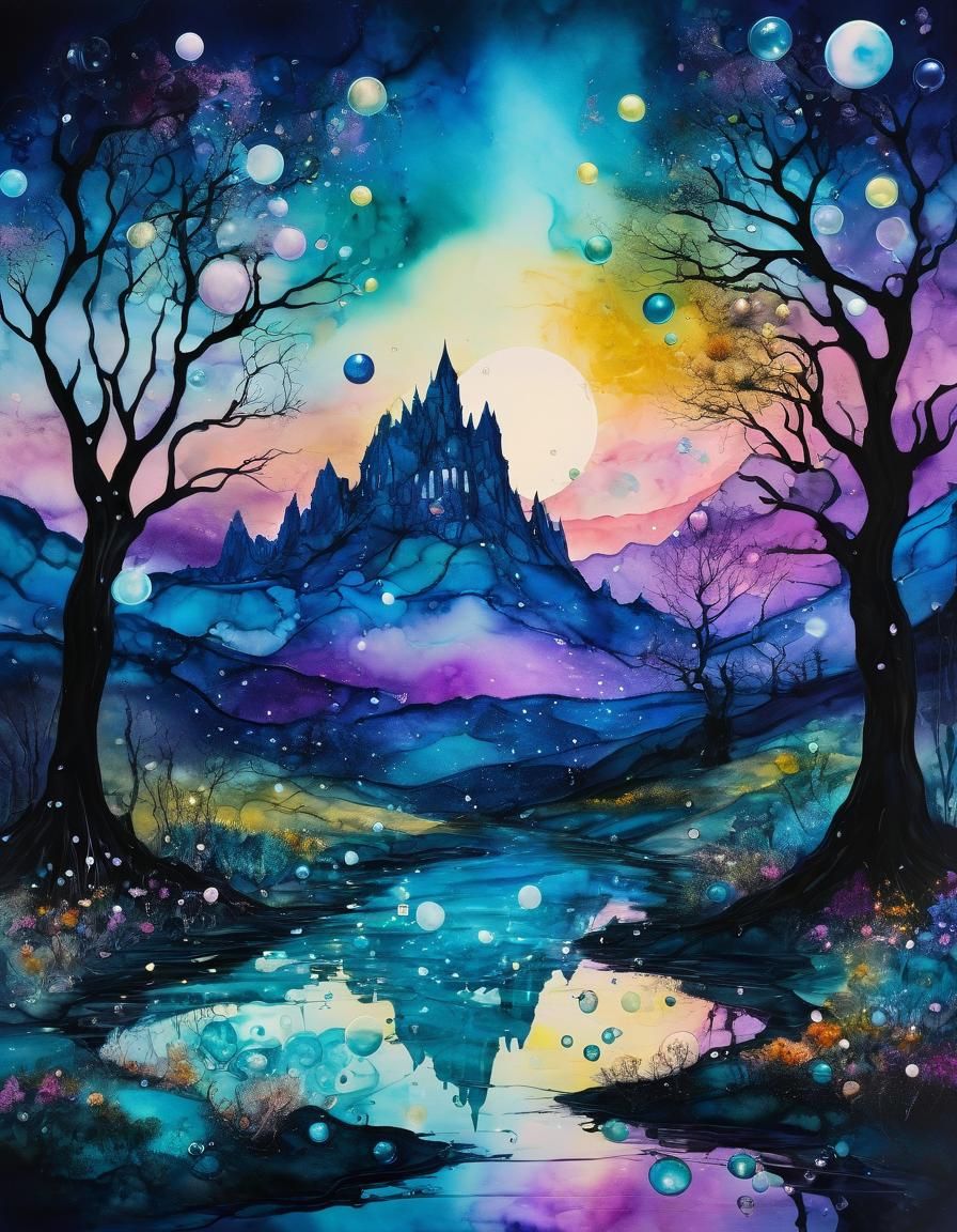 Surreal Alcohol Ink Landscape with Enchantress
