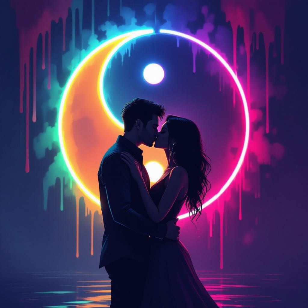 Couple Kissing Under Neon Yin Yang