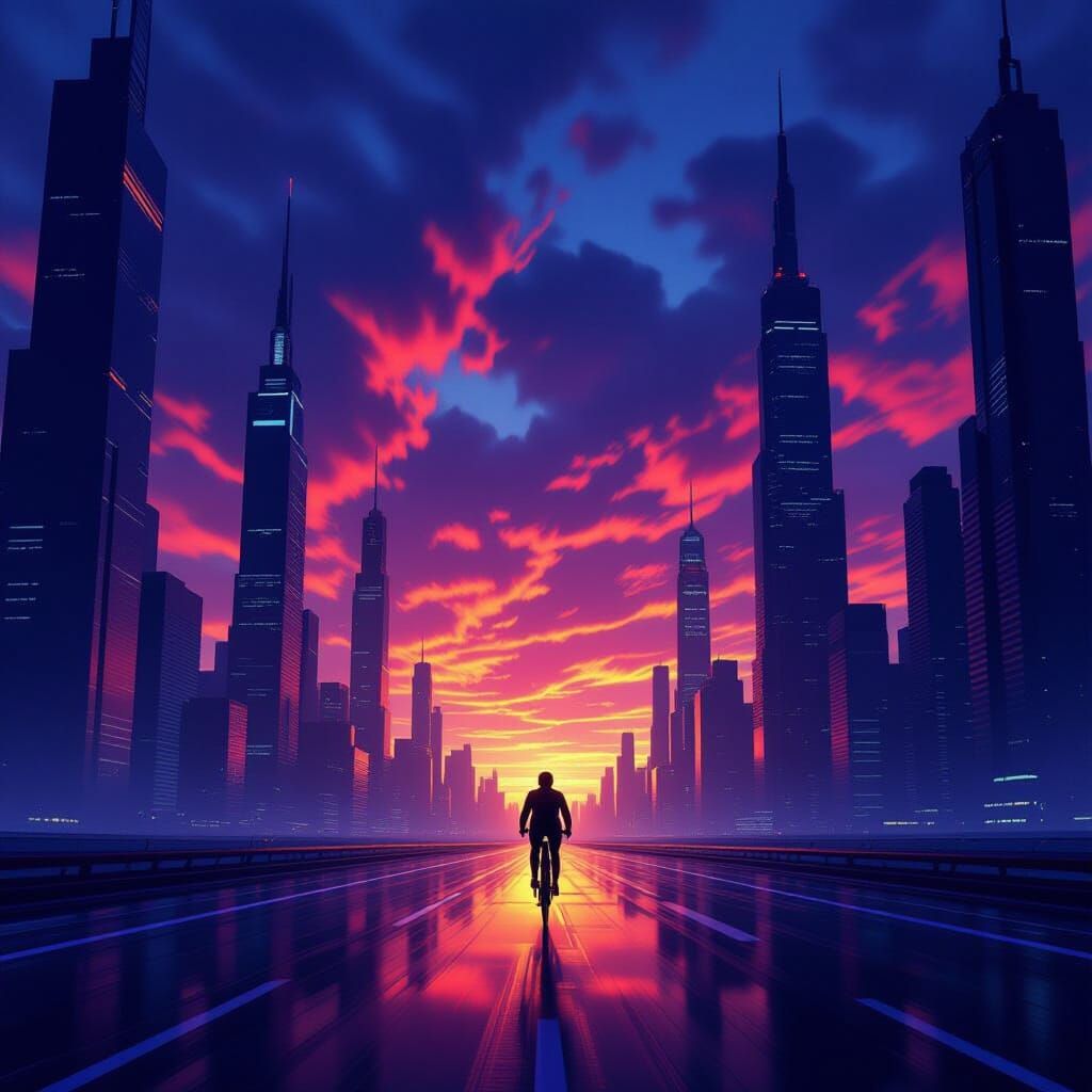 Cyclist Races Through Futuristic Cityscape at Dusk