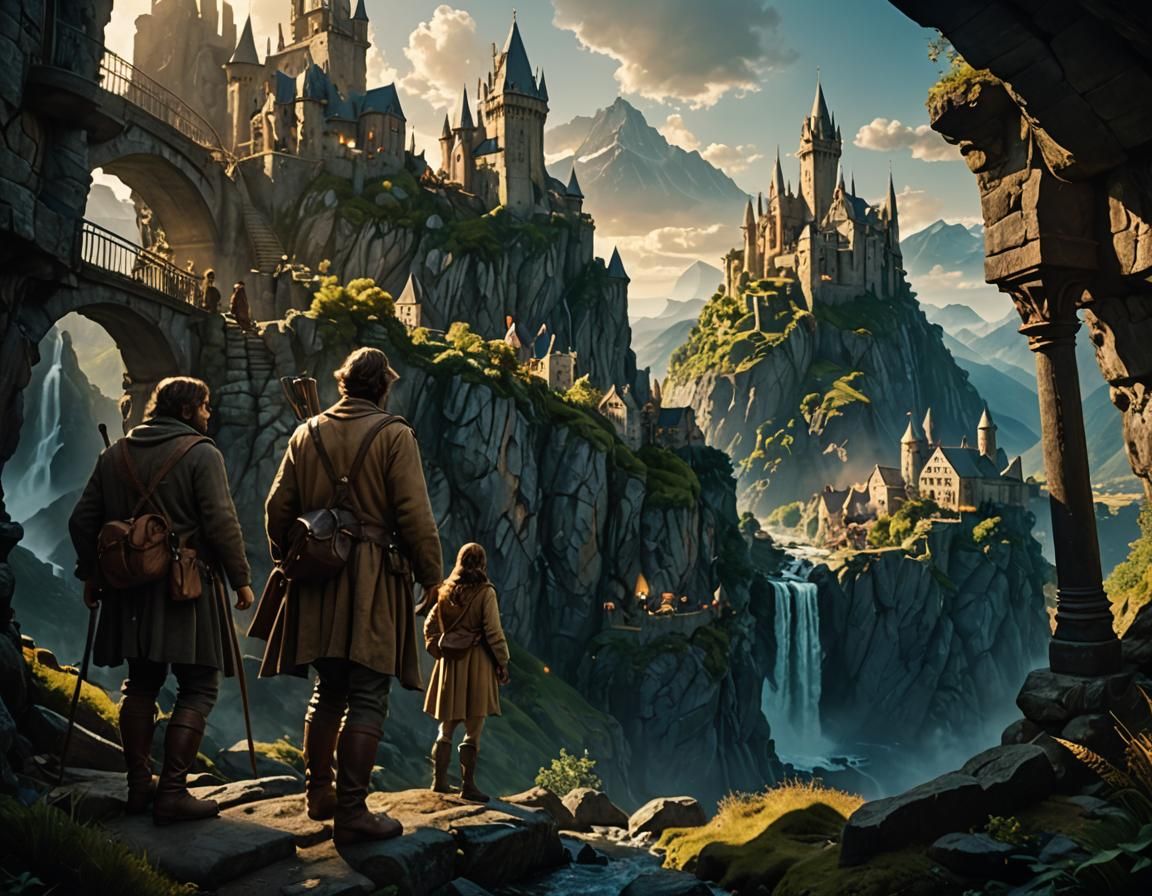 Epic Fantasy City Perched on Mountain Flank in Golden Light