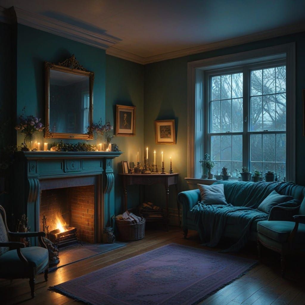 A cozy, wintery room with a softly glowing fireplace, snow gently falling outside. The air is thick with a lilac mist, e...