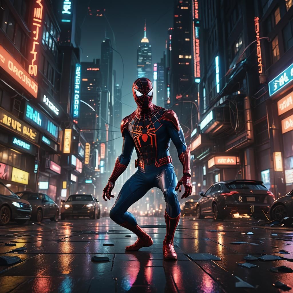 Spider-Man in Sci-Fi Cityscape at Night