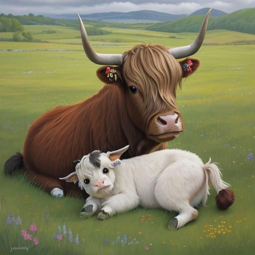 Highland and Holstein Calves in Pasture