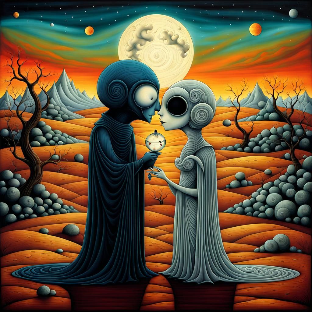 Surreal Kiss in a Desolate Landscape