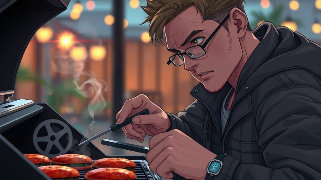 Cyberpunk Father Grilling Burgers, Anime Style