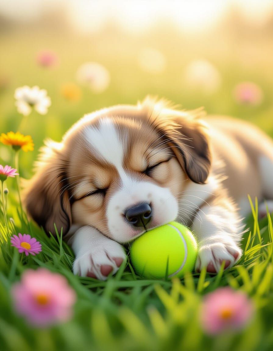 Sleeping Puppy on Tennis Ball: Photorealistic Watercolour