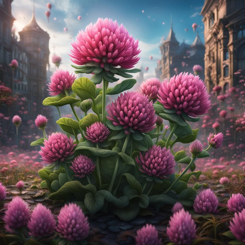 Red Clover Flower Topped with Tiny City, Digital Art