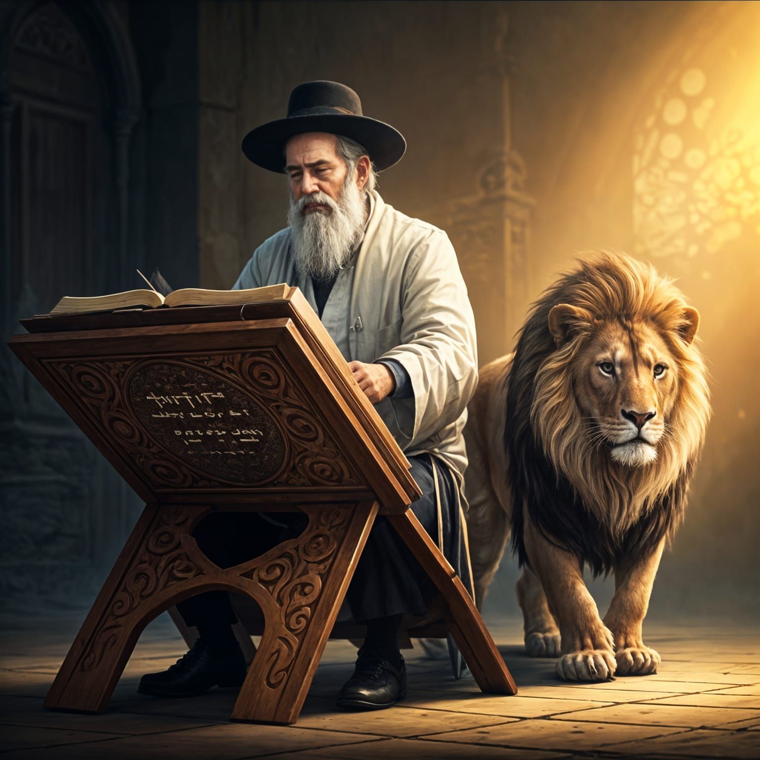 Majestic Rabbi Studying with Regal Lion