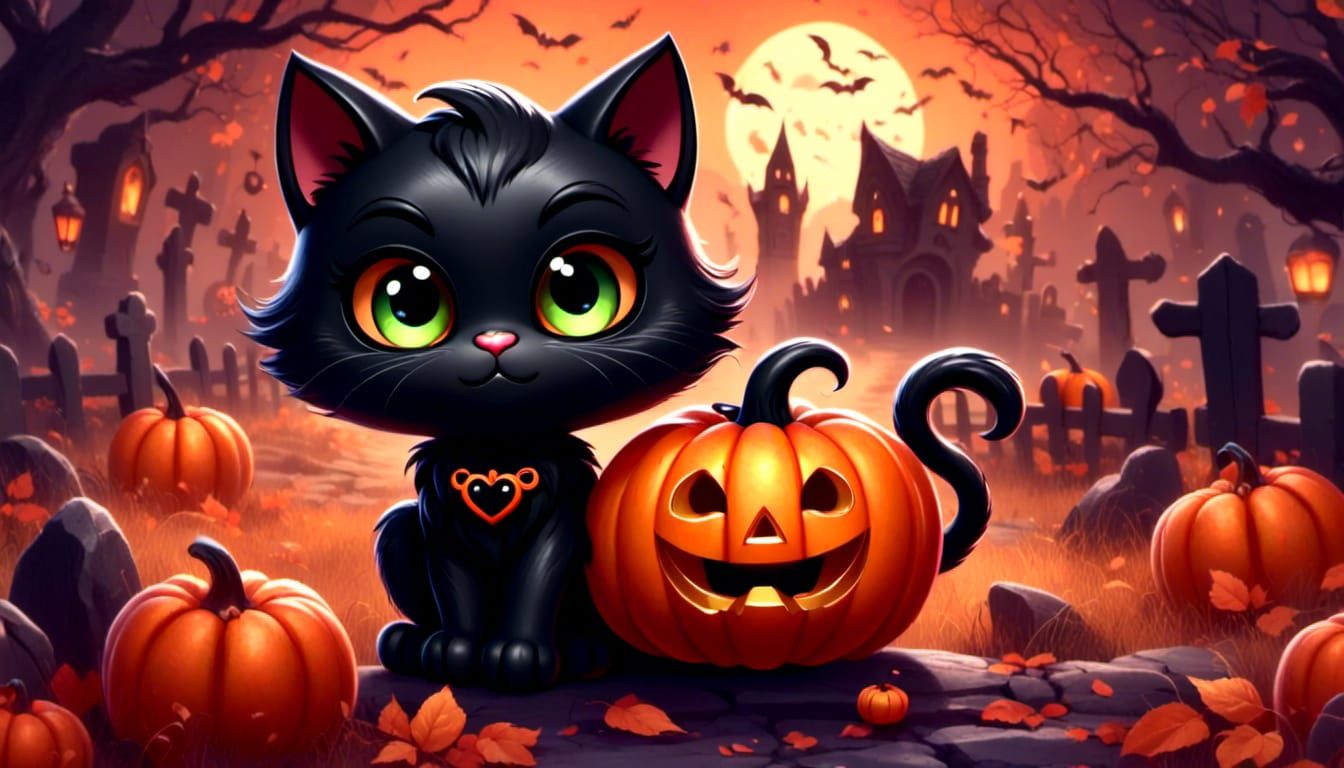 Chibi Black Cat in Pumpkin Mask