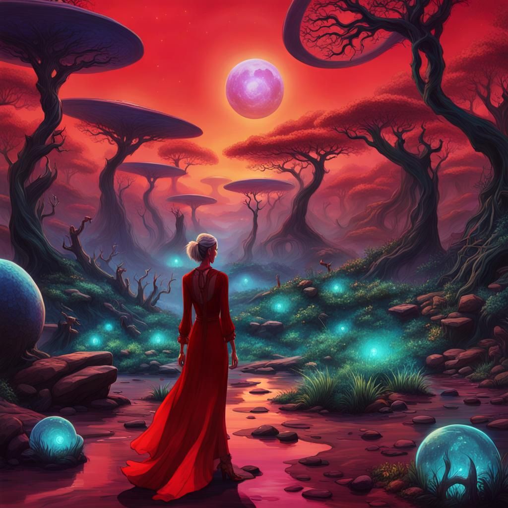 Enchanting Lady of Luminous Dreams in Red Sunset Dress