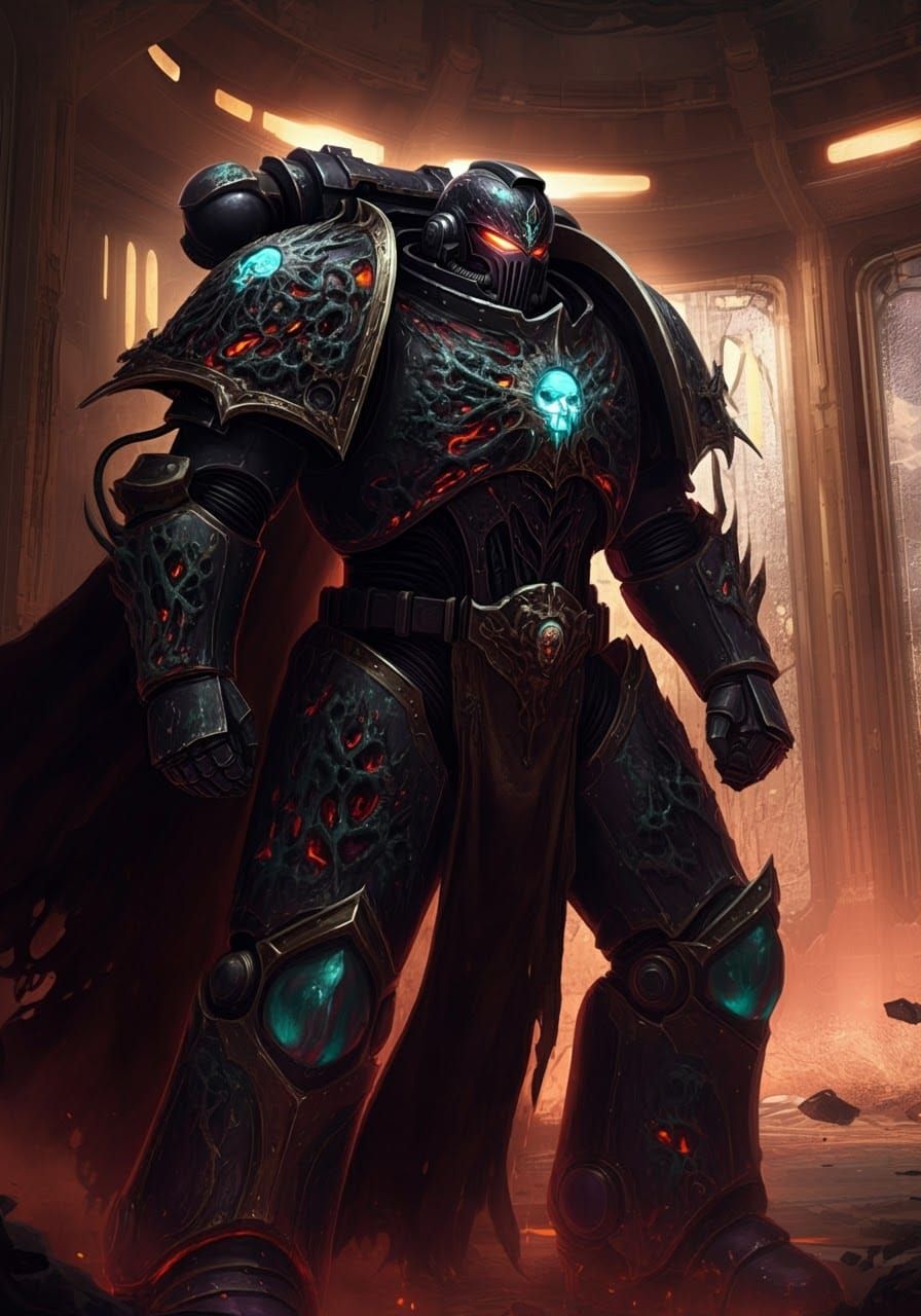 Lava Armored Space Marine in War-Torn Chamber