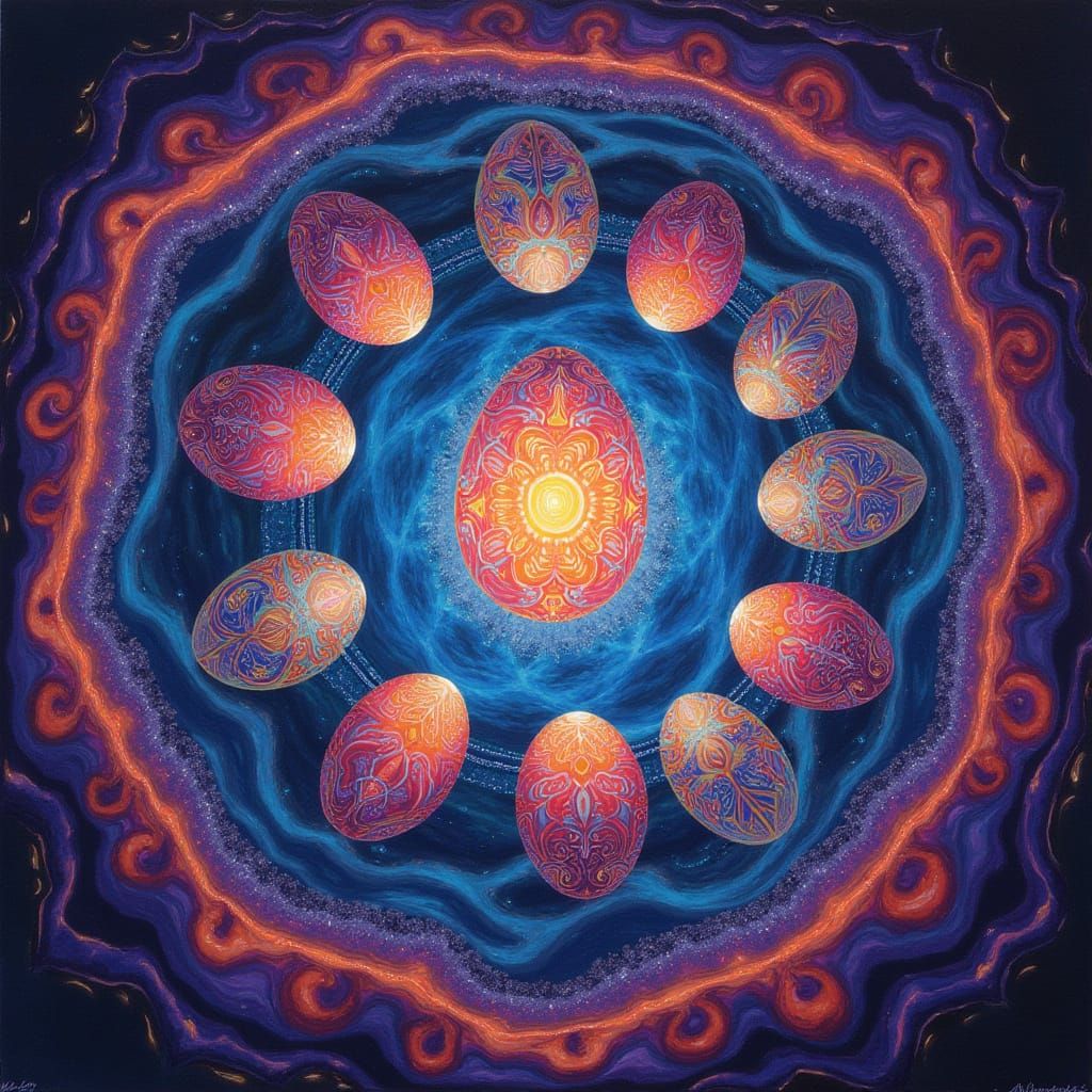 Ethereal Eggs in Cosmic Vortex, Inspired by Alex Grey's Visi...