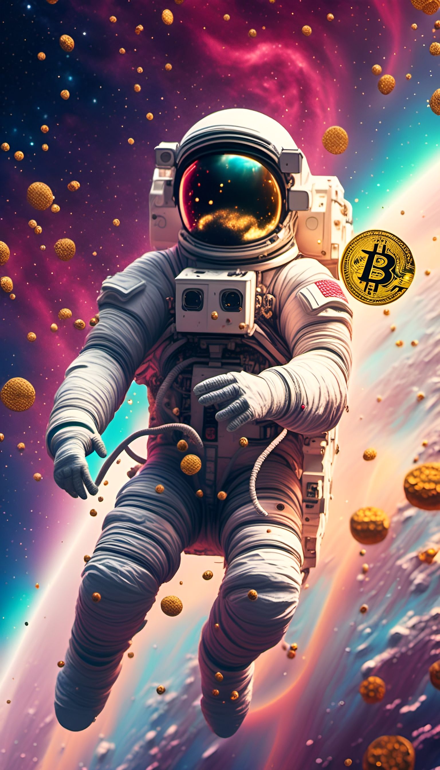 Astronaut Collecting Bitcoin and Ethereum in Space