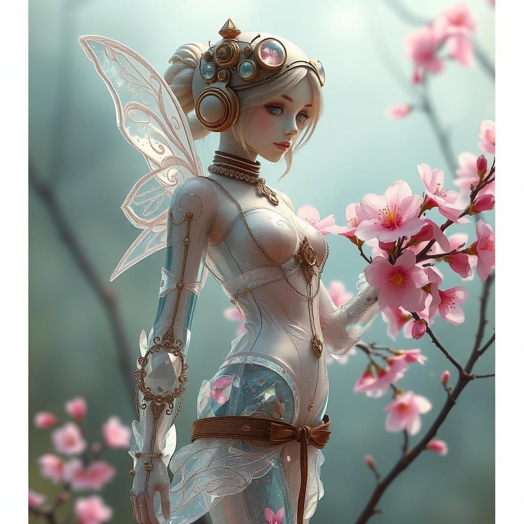 Steampunk Crystal Fairy Robot with Sakura Blossoms