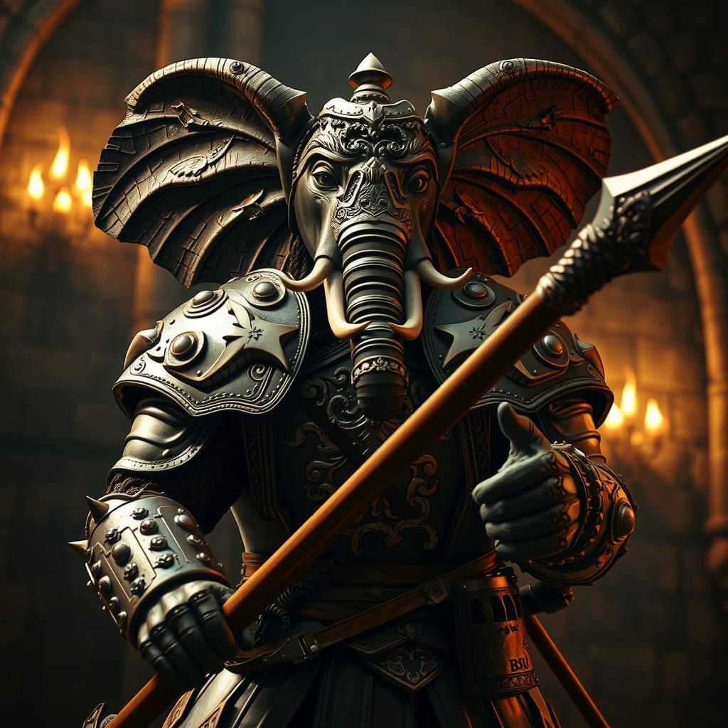 Elephant Knight Warrior with Glaive in Cinematic Lighting