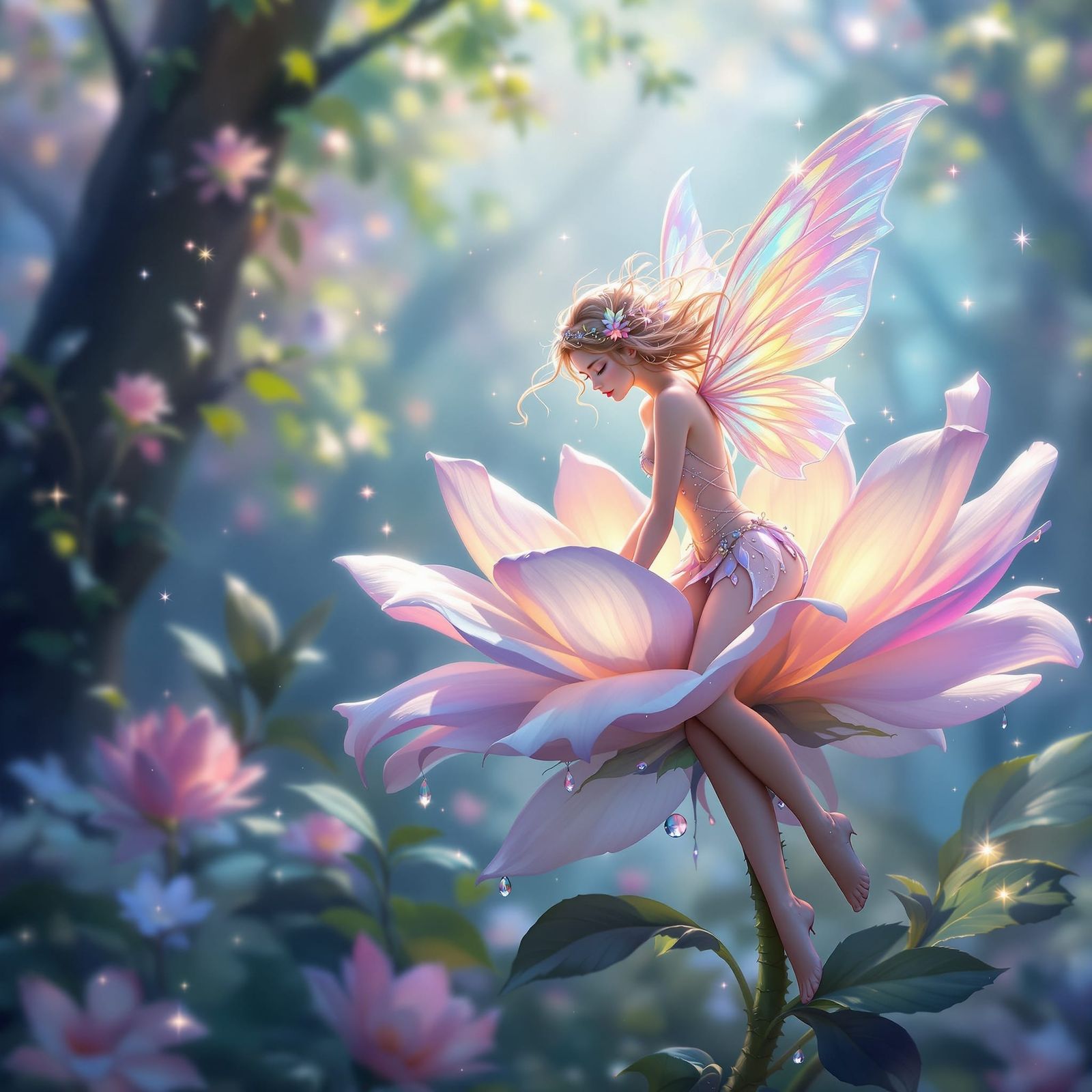 Ethereal Fairy on Dew-Kissed Flower, Airbrush Art
