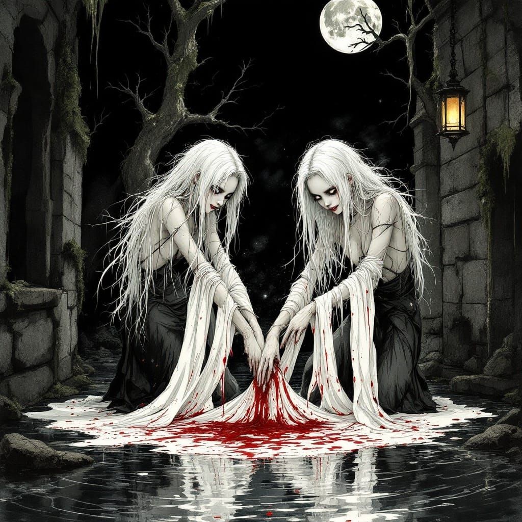 Moonlit Washerwomen in Manga-Inspired Sumi-e Style