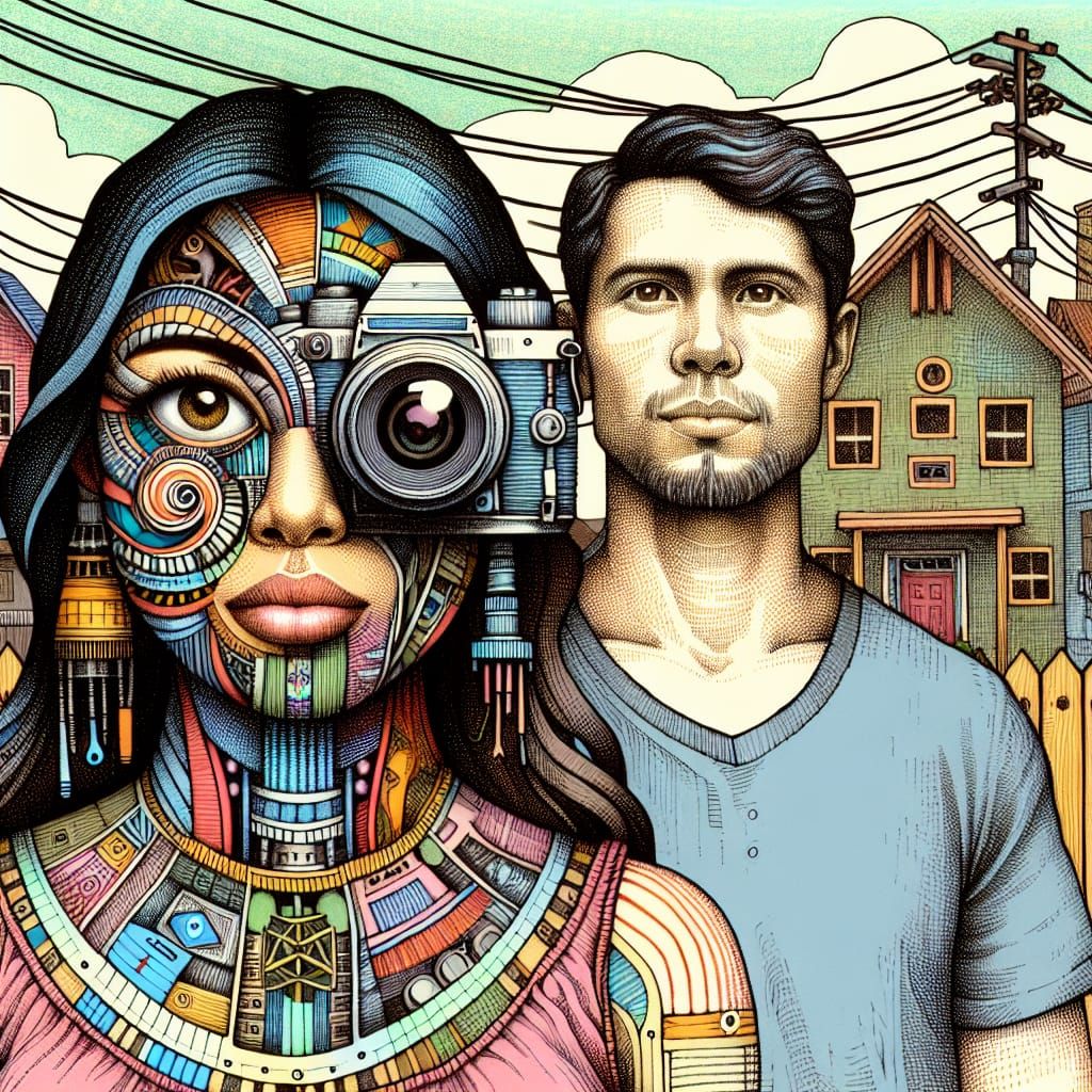 Surreal Camera-Eyed Woman in Whimsical Ink Illustration