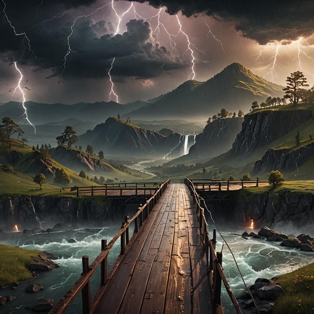 Dramatic Stormy Bridge in Fantasy Landscape