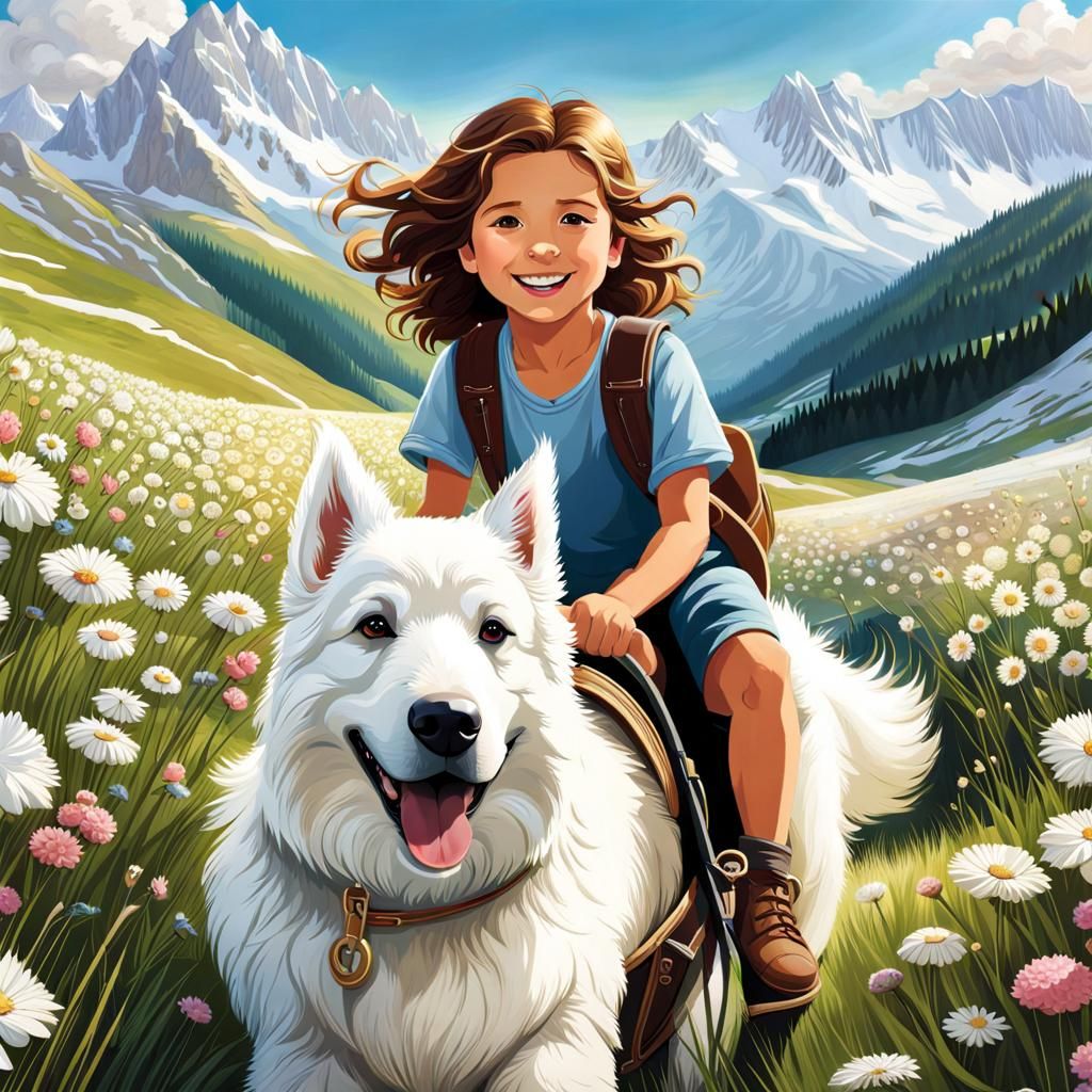 Child Rides Sheepdog Through Alpine Flower Field