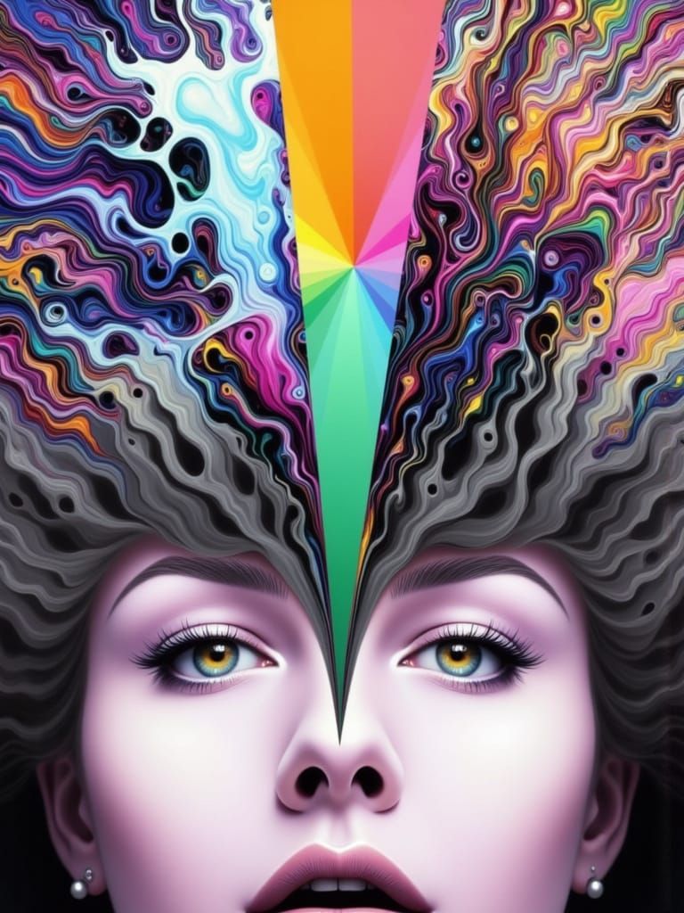Woman with Spectrum Halo in Psychedelic Action Painting